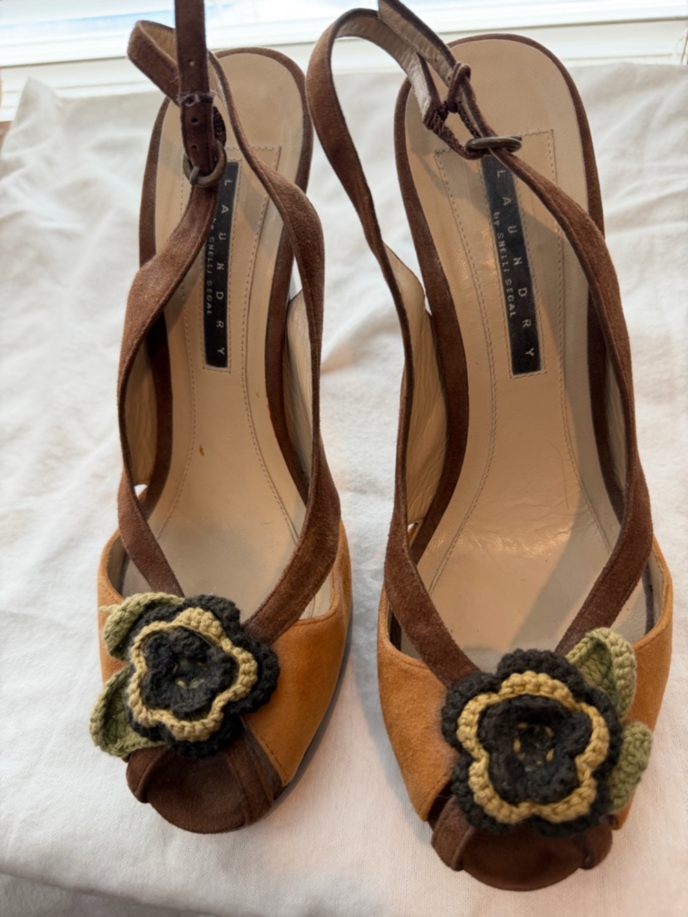 Laundry By Shelli Segal Brown & Tan Suede Slingback Heels with Crochet Flower